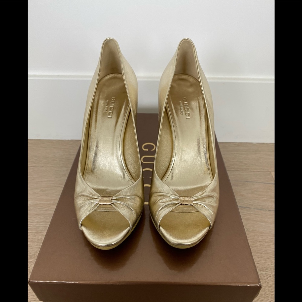 GUCCI Gold Gomma Napa Platino Cork Wedge Heel Shoes 5.5